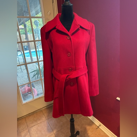 Steve by Searle Red Wool Blend Coat Women’s Size 8 Belted Peacoat - Picture 2 of 10